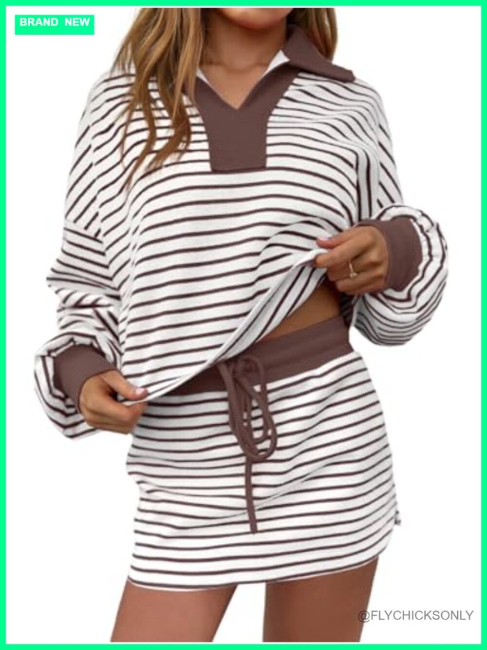Womens Striped 2 Piece Outfit Long Sleeve Sweatshirt Skirt Set with Built-In